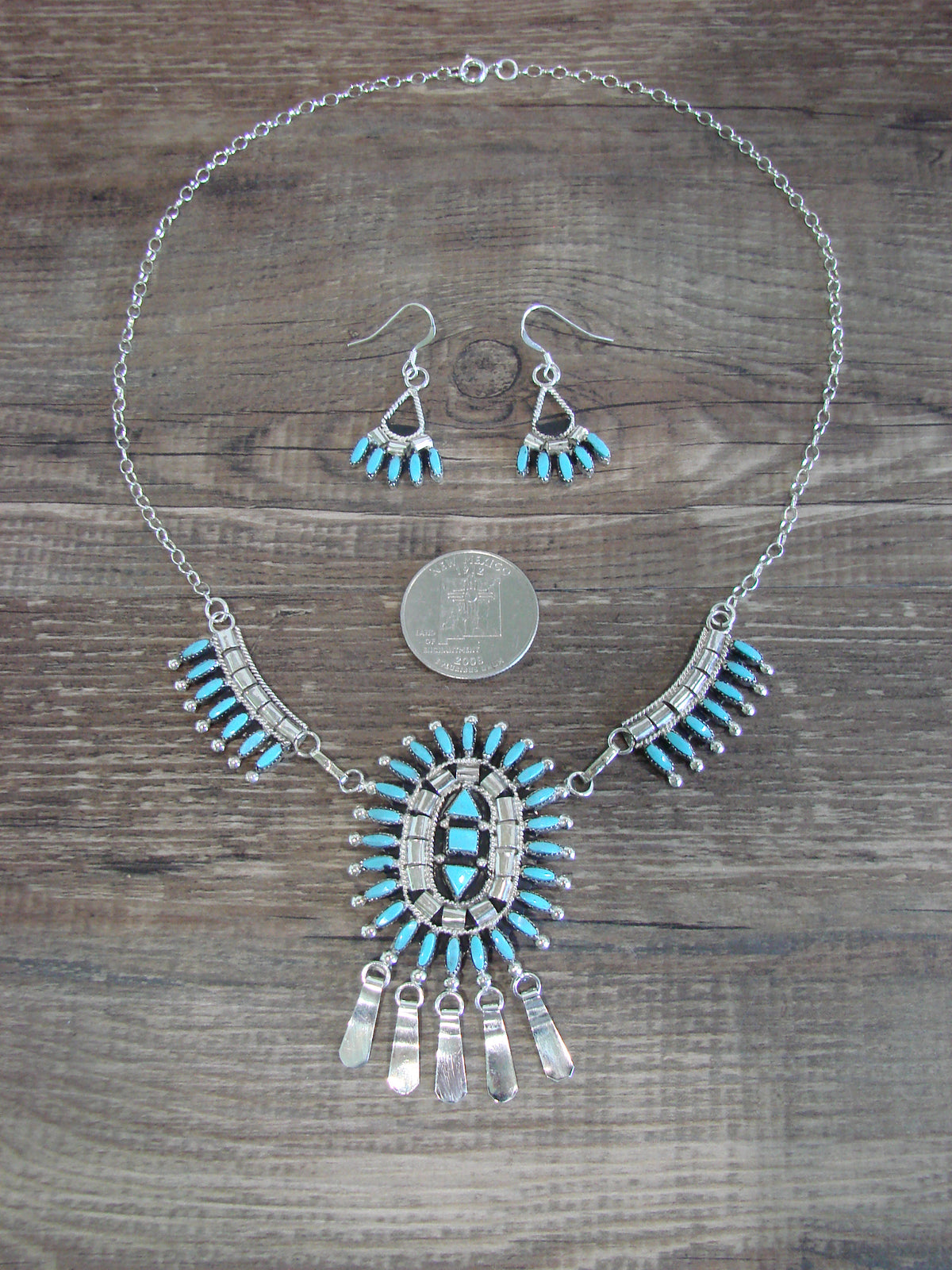 Native American 18" Sterling Silver & Turquoise Cluster Necklace Set by Hustito