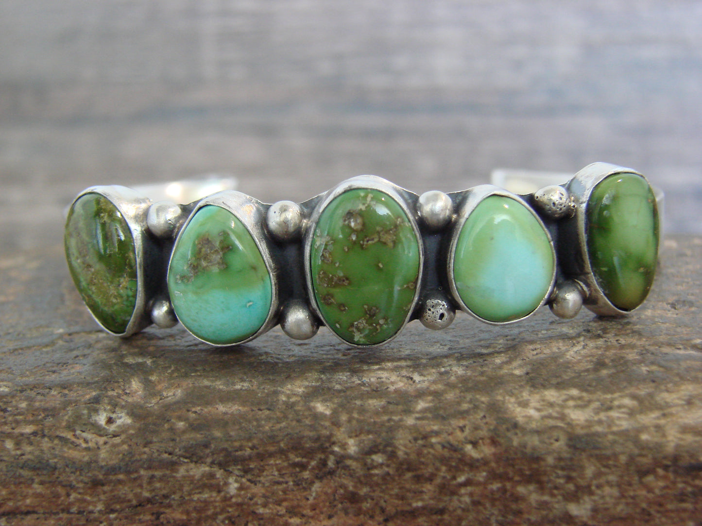 Native American Sterling Silver & Sonoran Turquoise Row Bracelet by Morgan