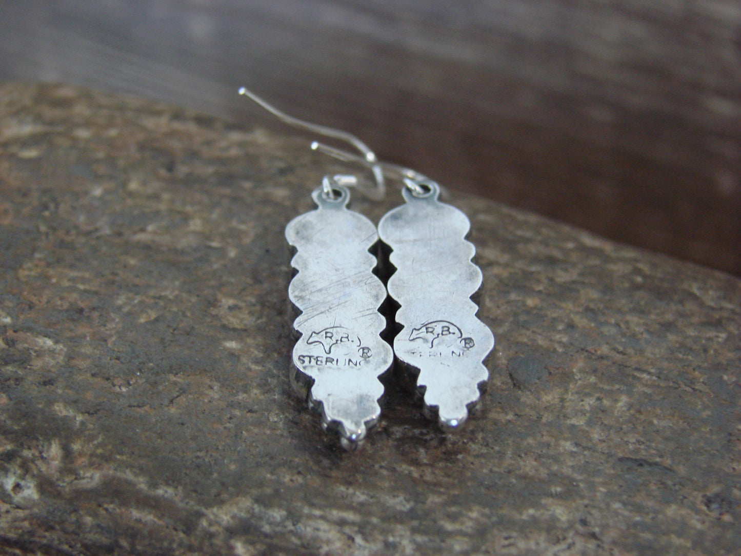 Native American Sterling Silver & Turquoise Row Dangle Earrings by Shorty