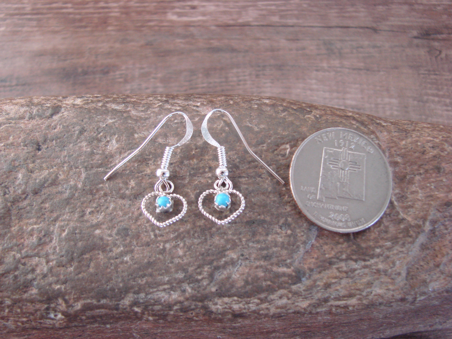 Native American Sterling Silver & Turquoise Heart Dangle Earrings - Pablito