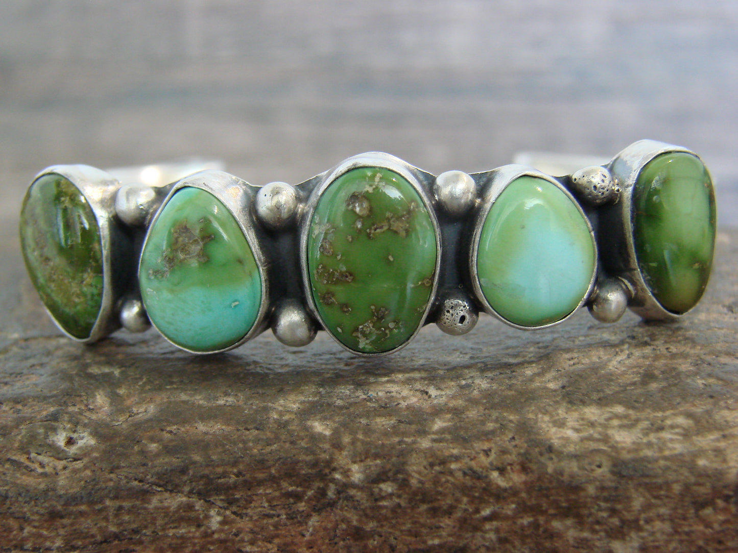 Native American Sterling Silver & Sonoran Turquoise Row Bracelet by Morgan
