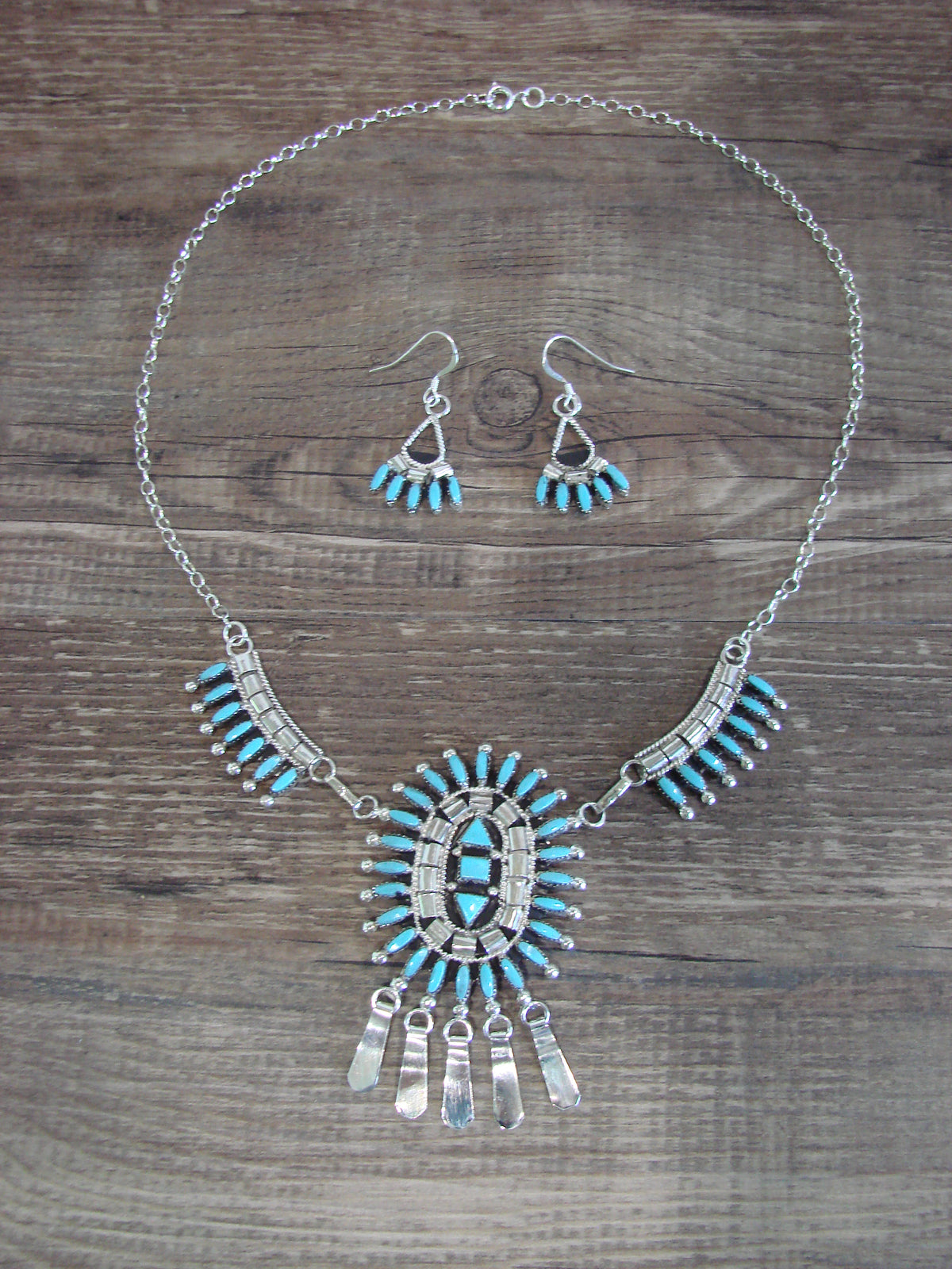 Native American 18" Sterling Silver & Turquoise Cluster Necklace Set by Hustito