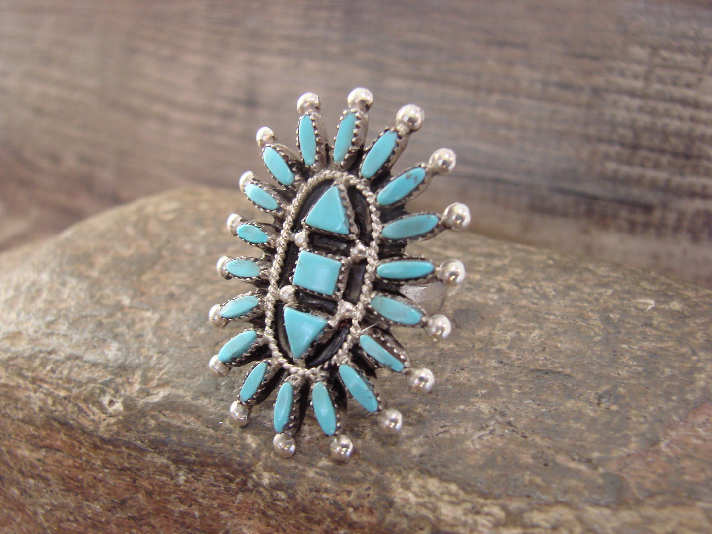 Native American Sterling Silver & Turquoise Cluster Needlepoint Ring - Hustito - Size 7