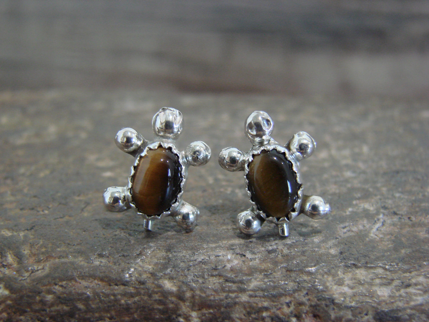 Native American Sterling Silver Tiger Eye Turtle Post Earrings by Kinsel