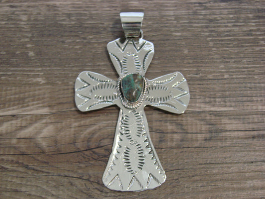 Large Native American Nickel Silver & Turquoise Cross Pendant - Cleveland