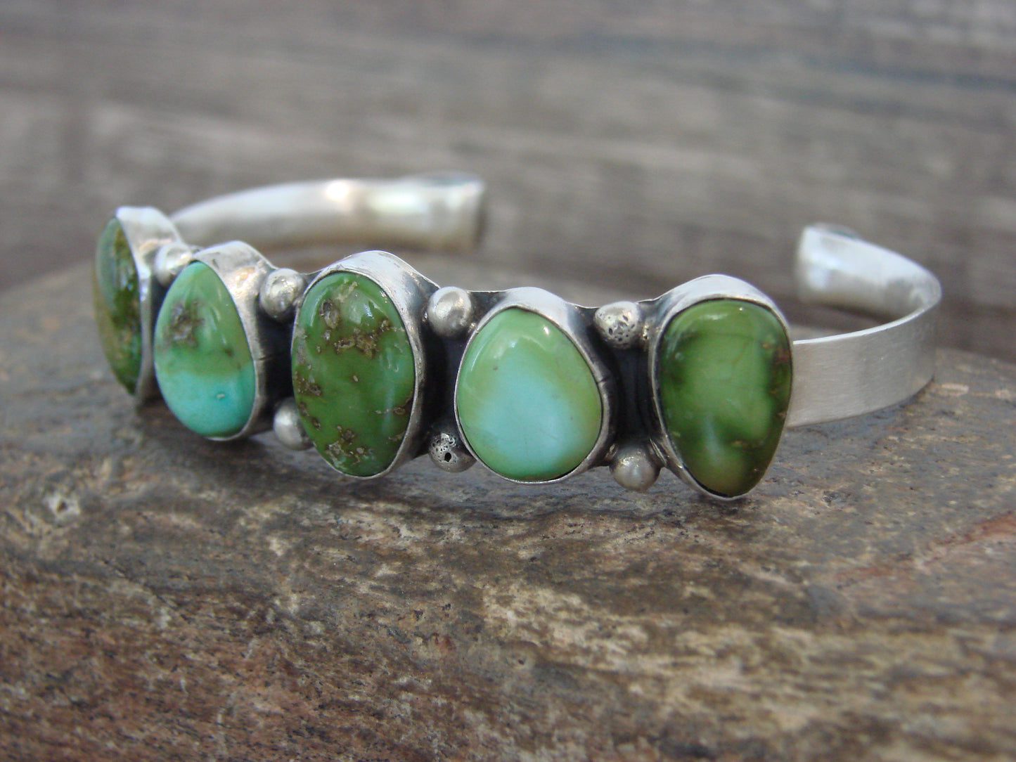 Native American Sterling Silver & Sonoran Turquoise Row Bracelet by Morgan