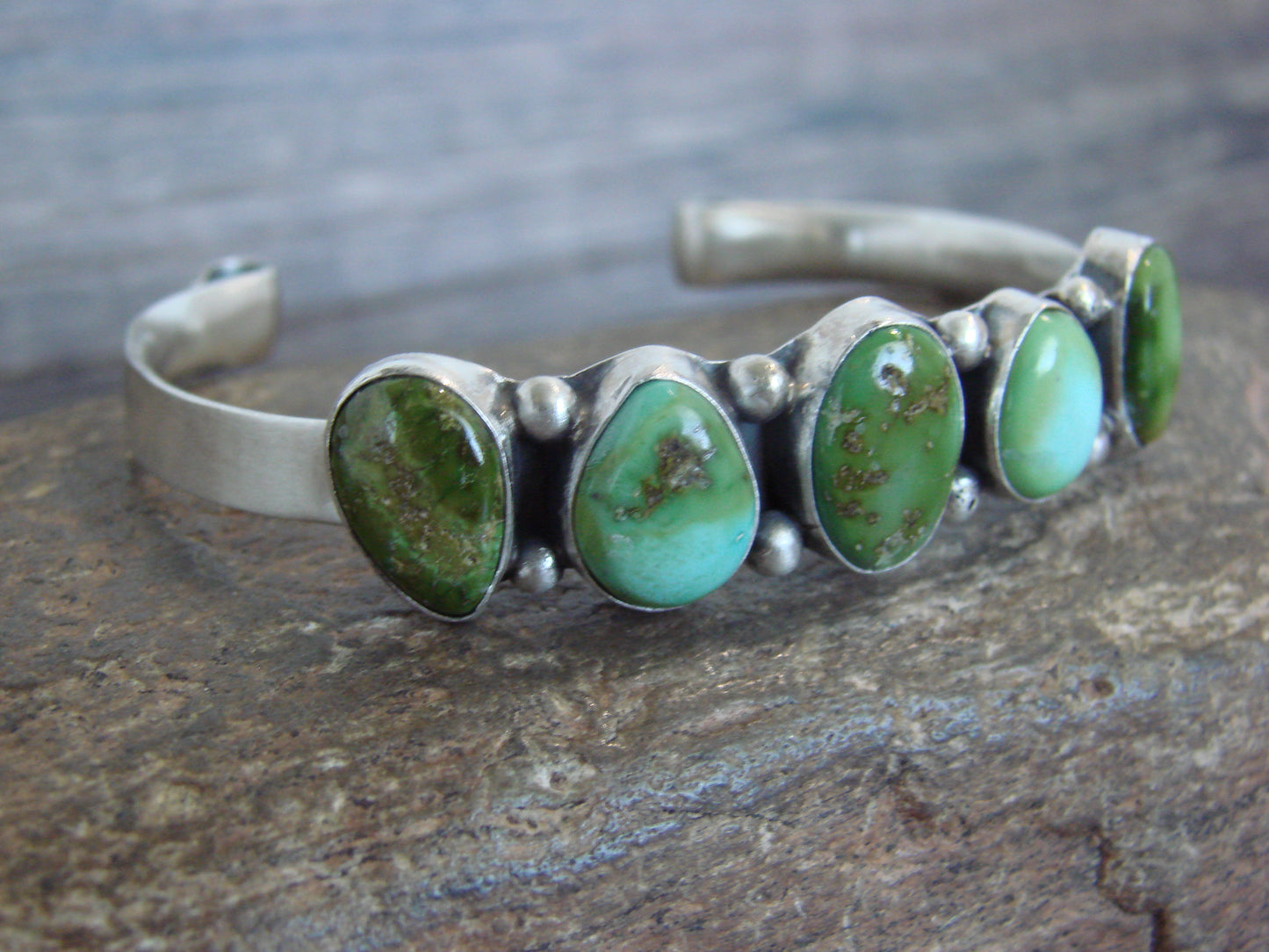 Native American Sterling Silver & Sonoran Turquoise Row Bracelet by Morgan