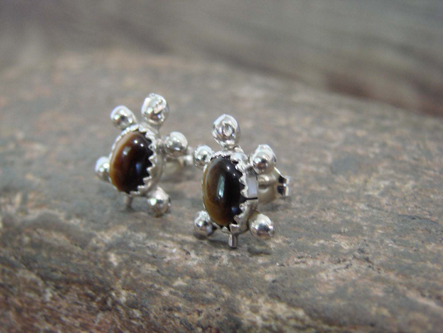 Native American Sterling Silver Tiger Eye Turtle Post Earrings by Kinsel