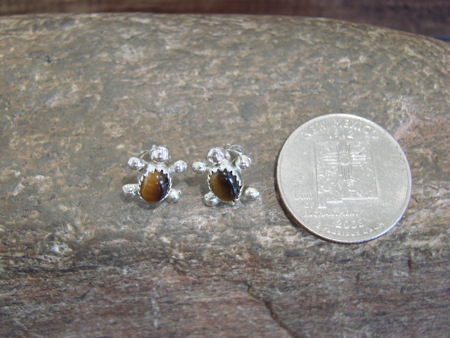 Native American Sterling Silver Tiger Eye Turtle Post Earrings by Kinsel