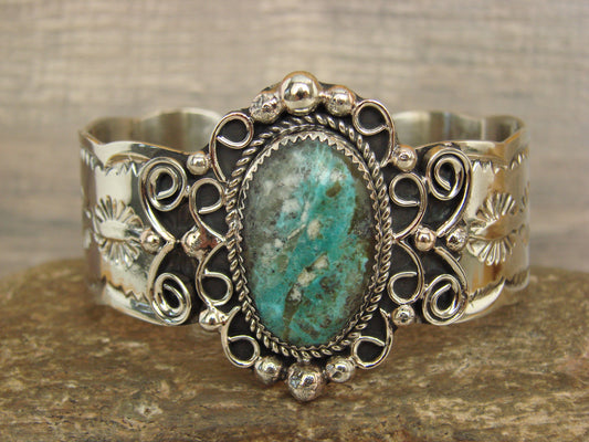 Native American Nickel Silver & Turquoise Bracelet by Cleveland