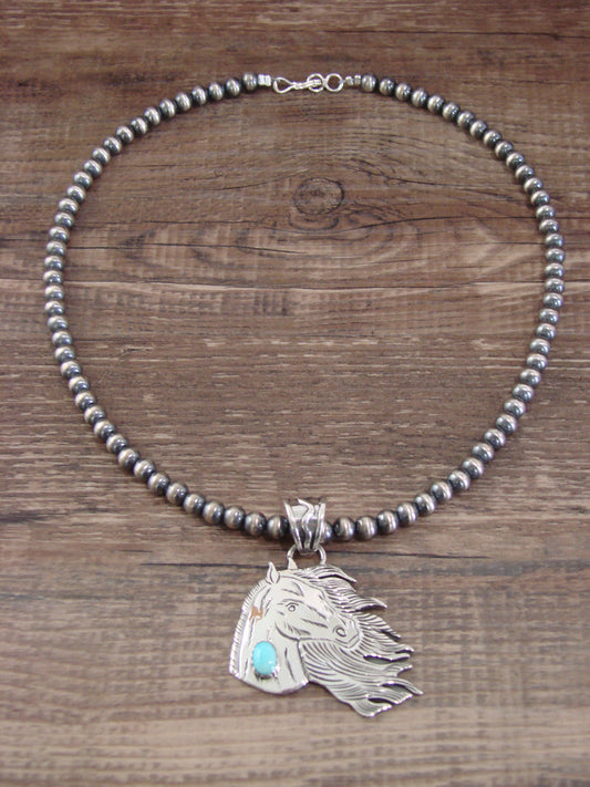 Native American 16" Sterling Silver & Turquoise Horse Necklace by Delgarito