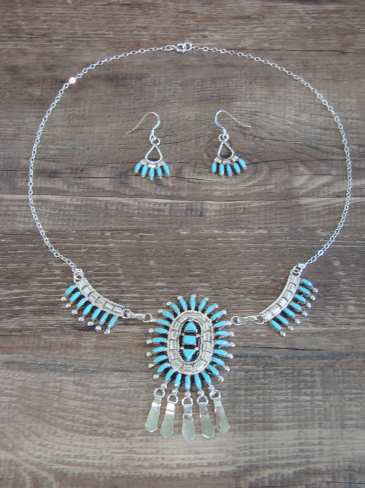 Native American 19" Sterling Silver & Turquoise Cluster Necklace Set by Hustito