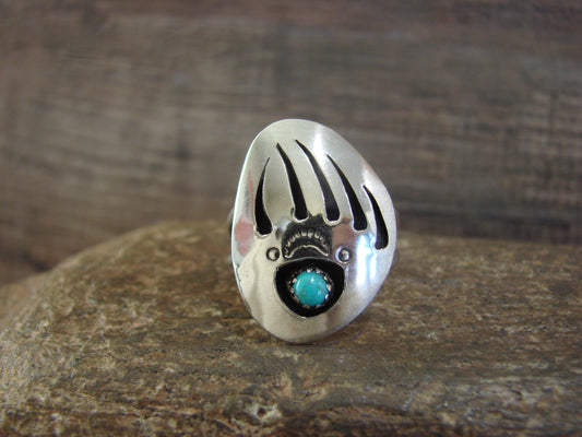 Native American Sterling Silver Turquoise Bear Paw Ring by Ervin Begay - Size 8.5