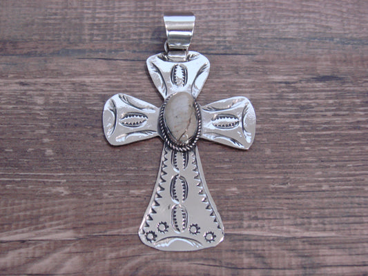 Large Native American Nickel Silver & Turquoise Cross Pendant - Cleveland
