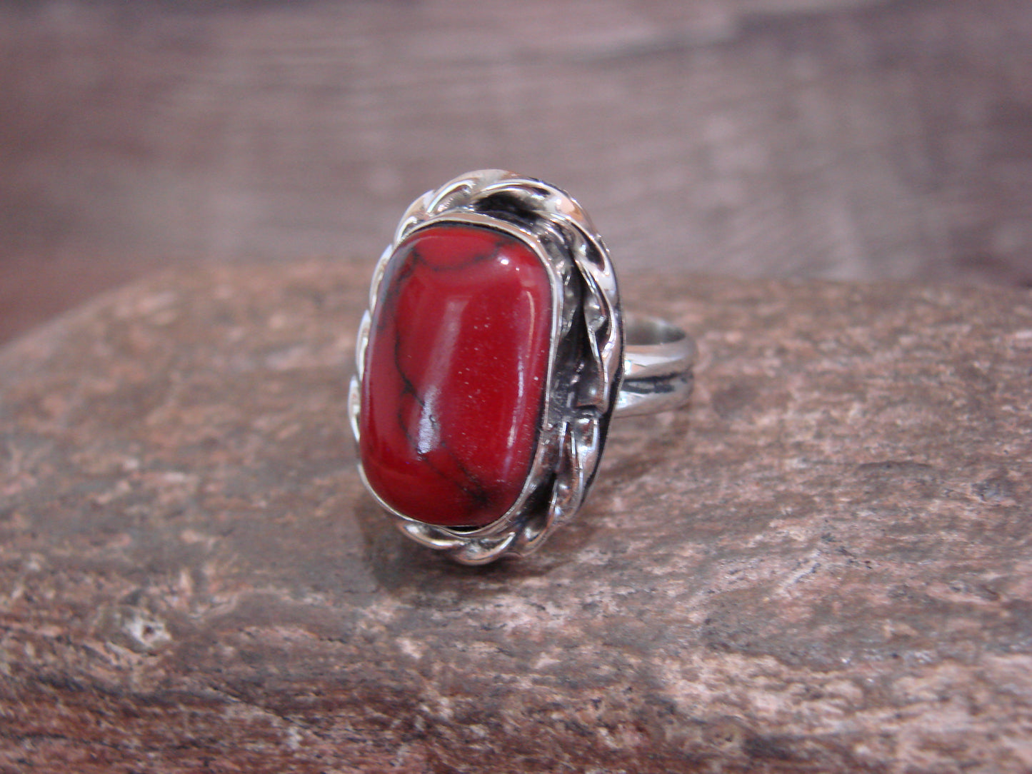 Native American Nickel Silver & Red Howlite Ring Size 7 - Cleveland