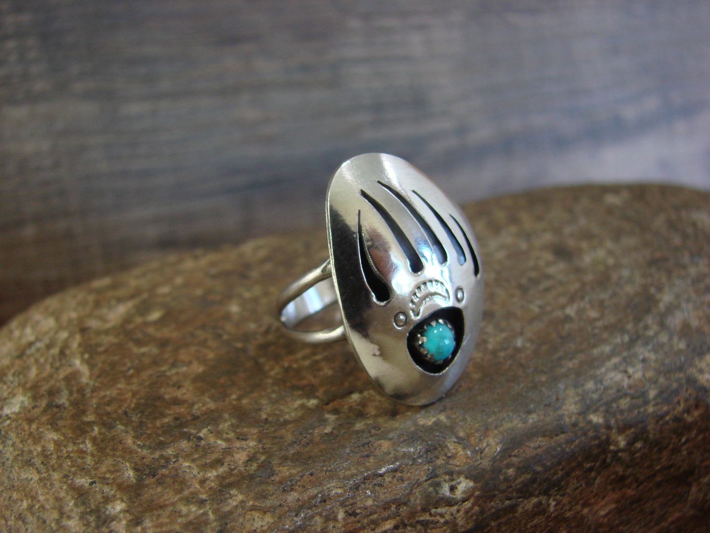 Native American Sterling Silver Turquoise Bear Paw Ring by Ervin Begay - Size 7.5