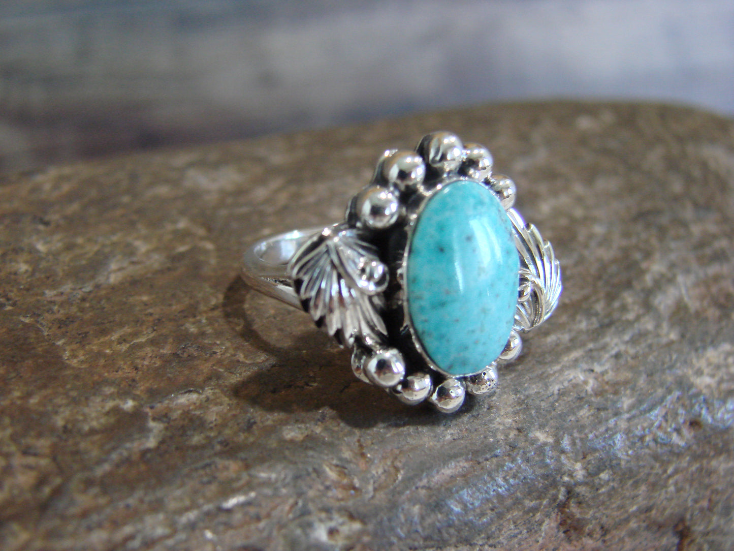 Native American Sterling Silver & Turquoise Feather Ring by Saunders - Size 10