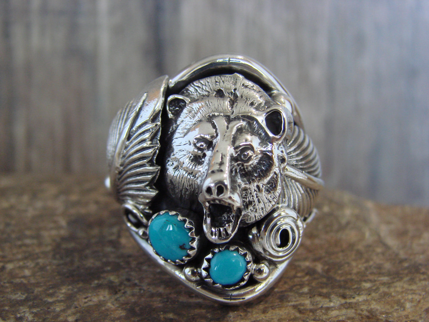 Native American Sterling Silver Turquoise Growling Bear Ring - Morgan - Size 12
