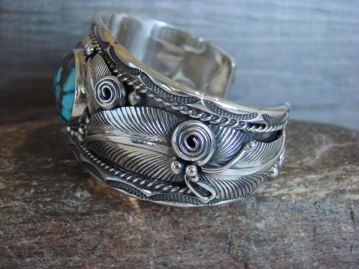 Native American Sterling Silver Turquoise Feather Bracelet - D. Morgan