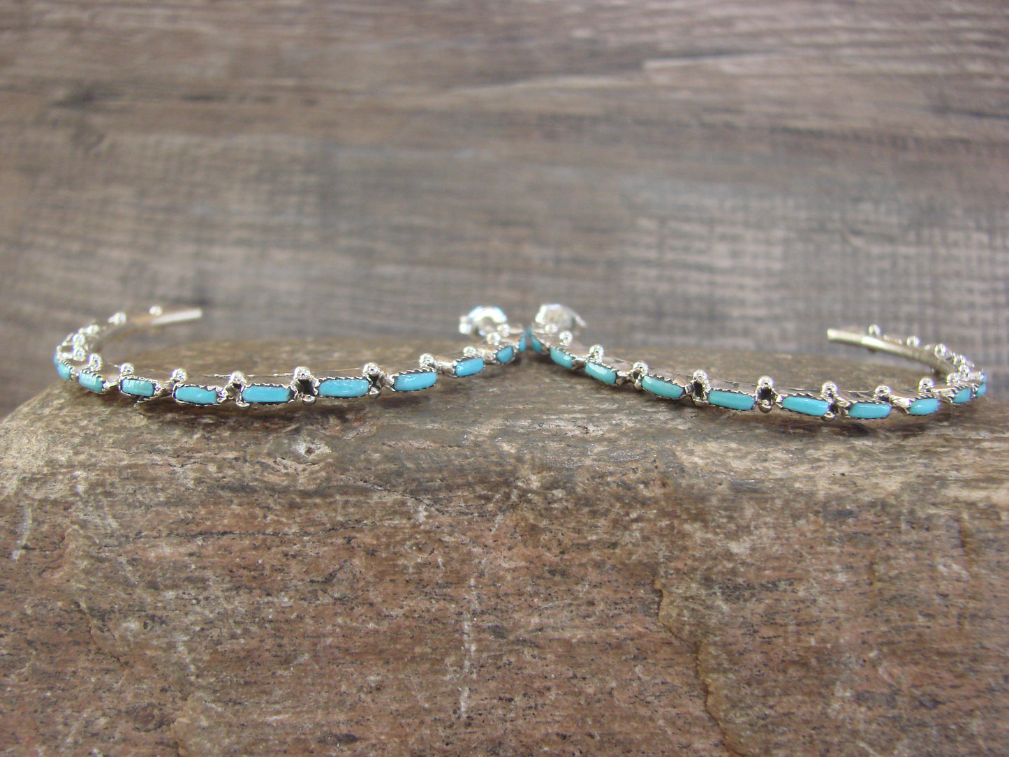 Native American Indian Sterling Silver & Turquoise 2" Hoop Earrings - Hughte