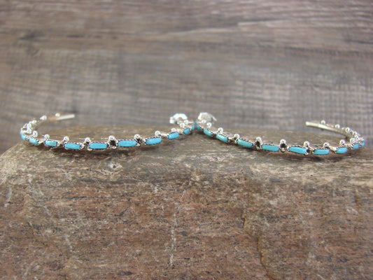 Native American Indian Sterling Silver & Turquoise 2" Hoop Earrings - Hughte