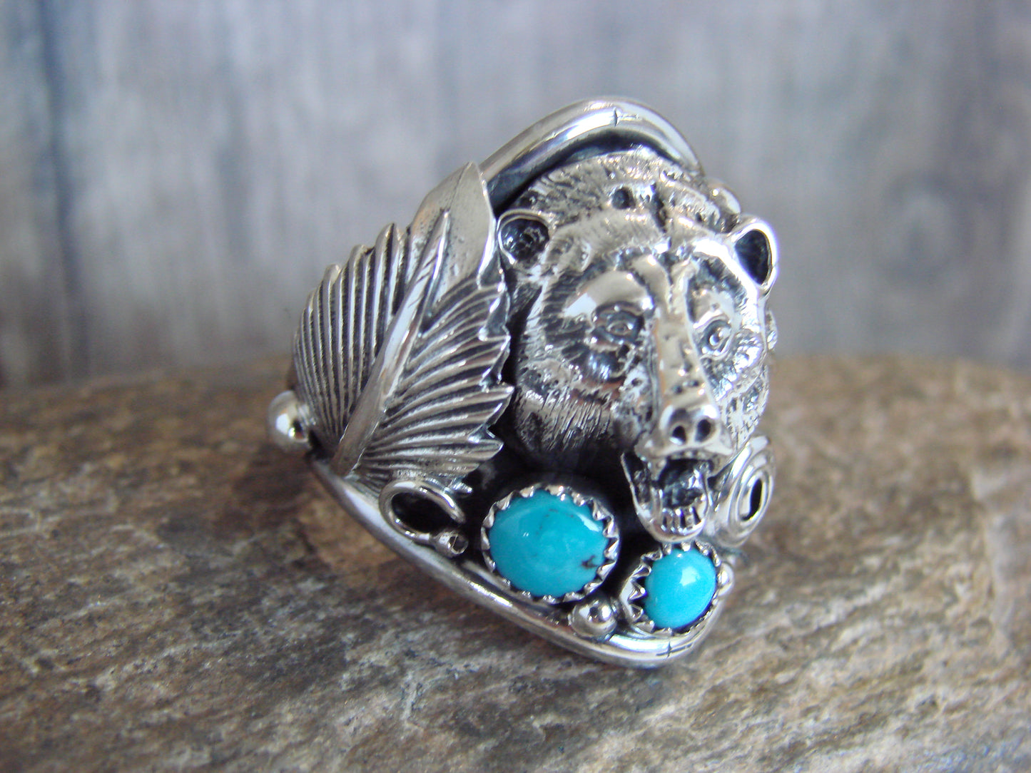 Native American Sterling Silver Turquoise Growling Bear Ring - Morgan - Size 12