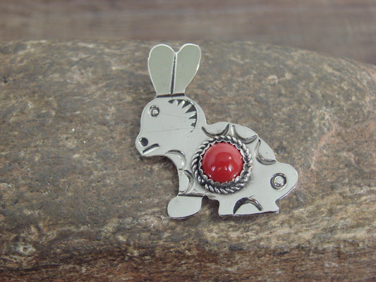 Native American Nickel Silver & Coral Rabbit Pin - Cleveland