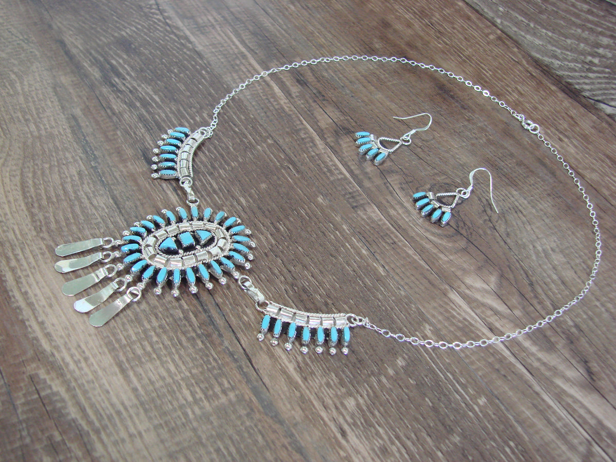 Native American 19" Sterling Silver & Turquoise Cluster Necklace Set by Hustito