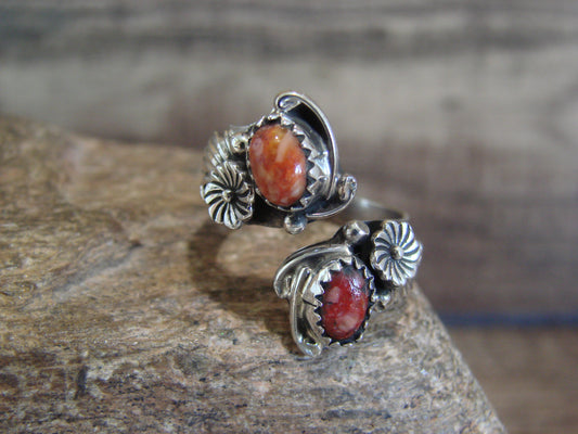 Native American Sterling Silver Spiny Oyster Floral Adjustable Ring - Belin