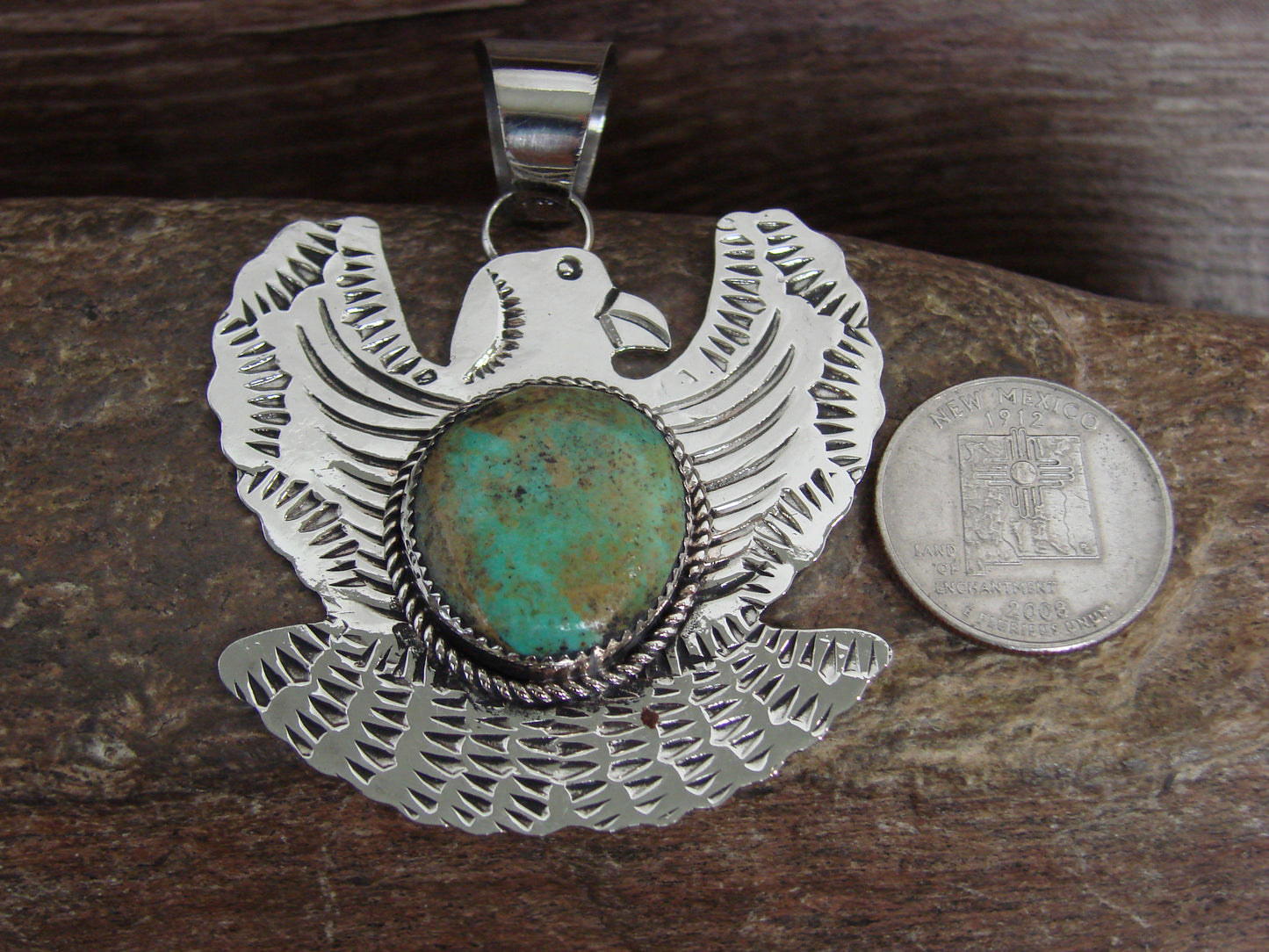 Native American Nickel Silver & Turquoise Eagle Pendant - Cleveland