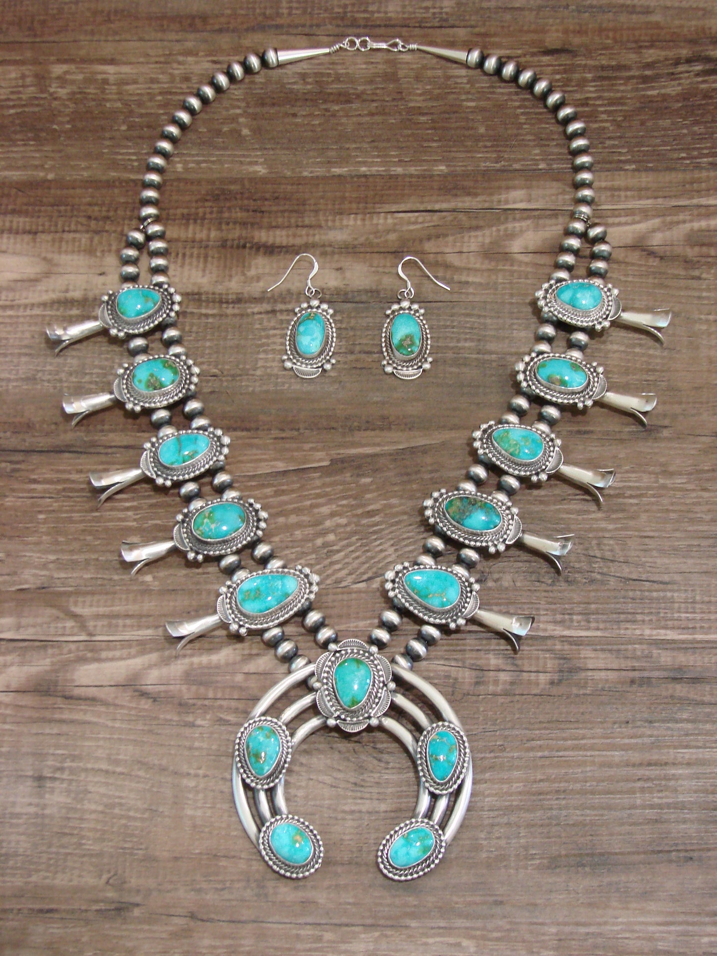 Native American Sterling Silver & Turquoise Squash Blossom Set By Tom Lewis