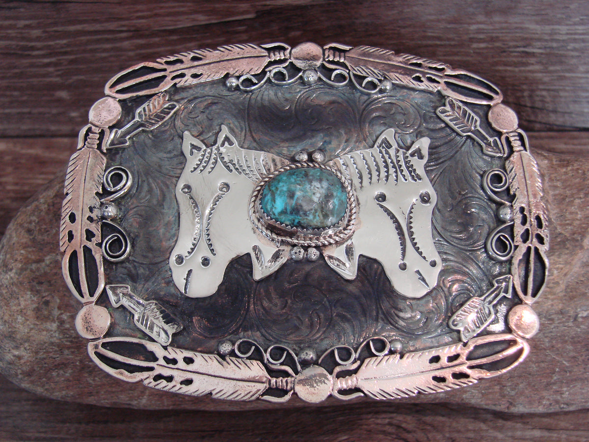 Native American Nickel Silver & Turquoise Horse Belt Buckle - Cleveland