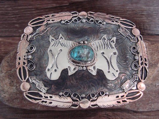 Native American Nickel Silver & Turquoise Horse Belt Buckle - Cleveland