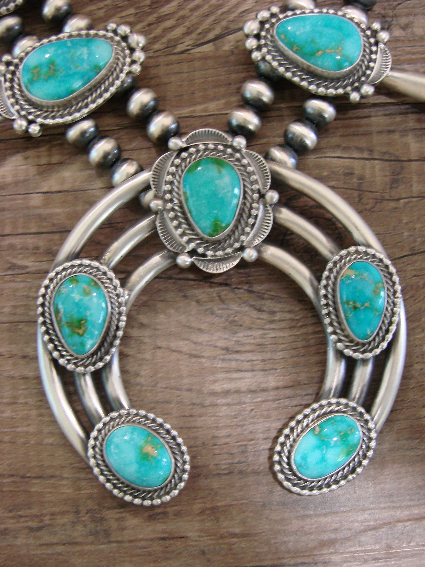 Native American Sterling Silver & Turquoise Squash Blossom Set By Tom Lewis