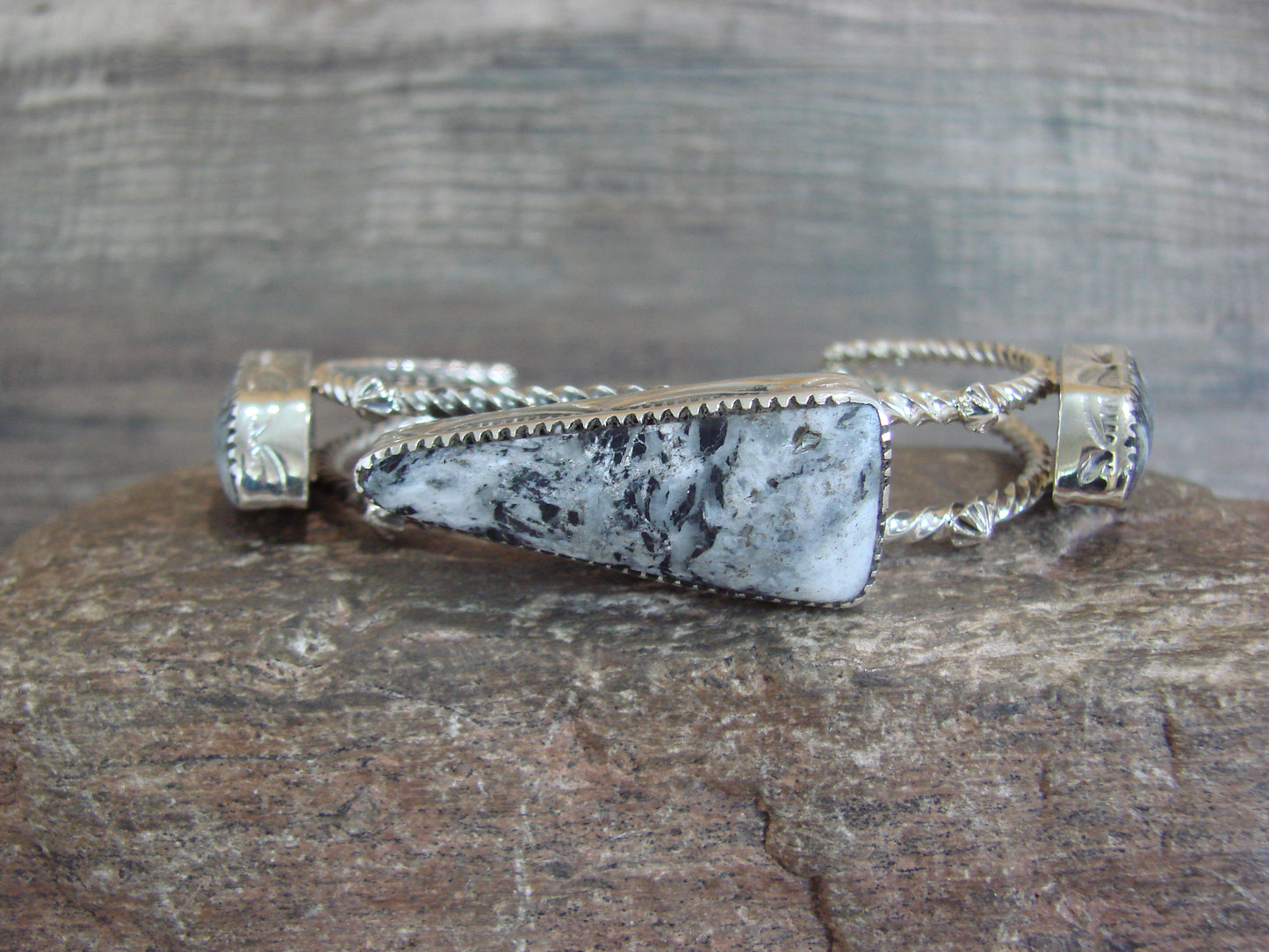 Native American Sterling Silver White Buffalo Turquoise Row Bracelet by Garcia