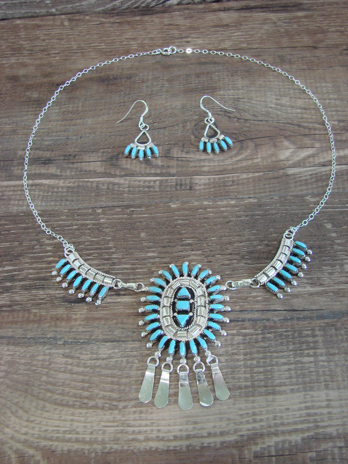 Native American 19" Sterling Silver & Turquoise Cluster Necklace Set by Hustito