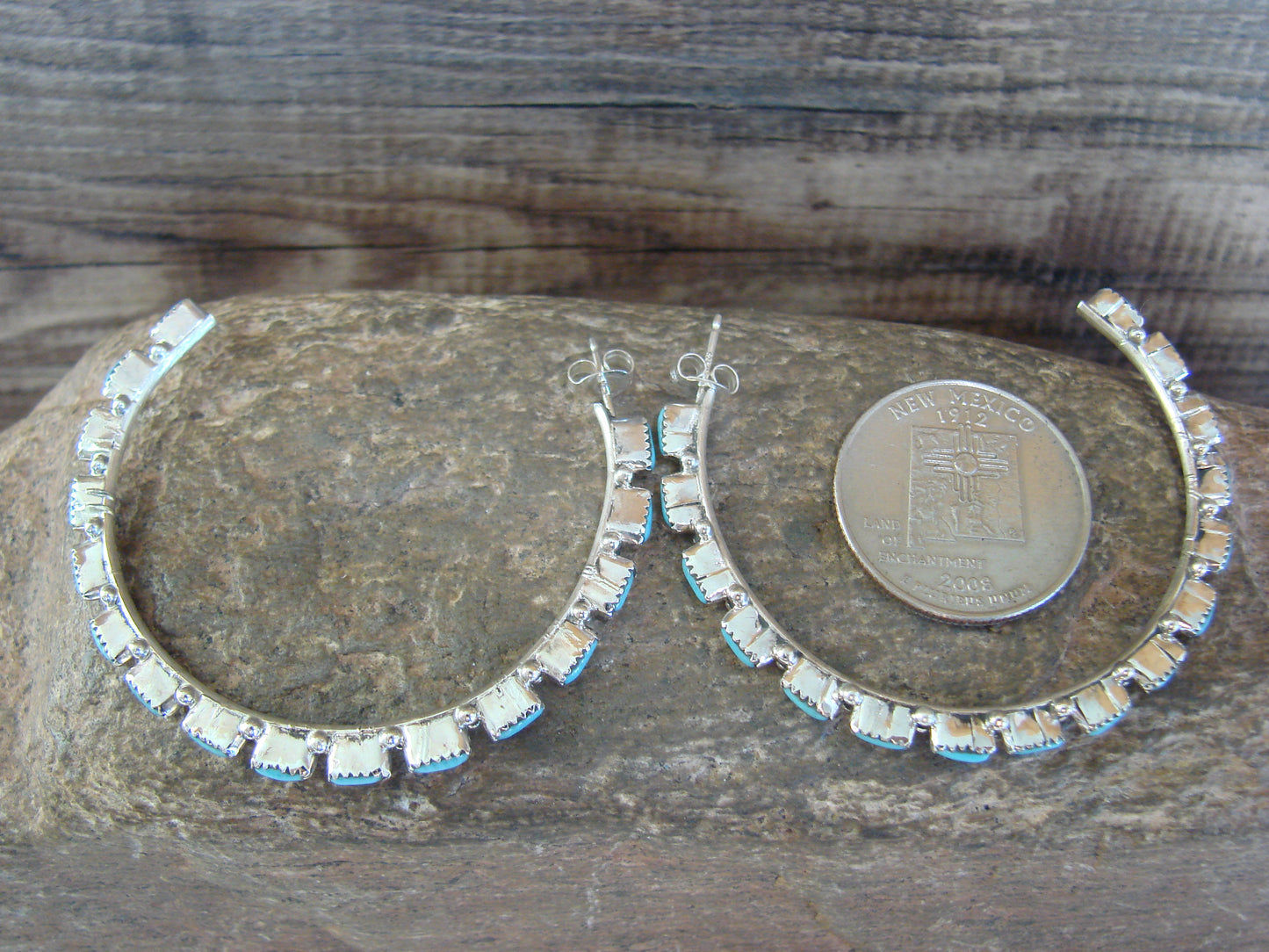 Native American Indian Sterling Silver & Turquoise 2" Hoop Earrings - Hughte