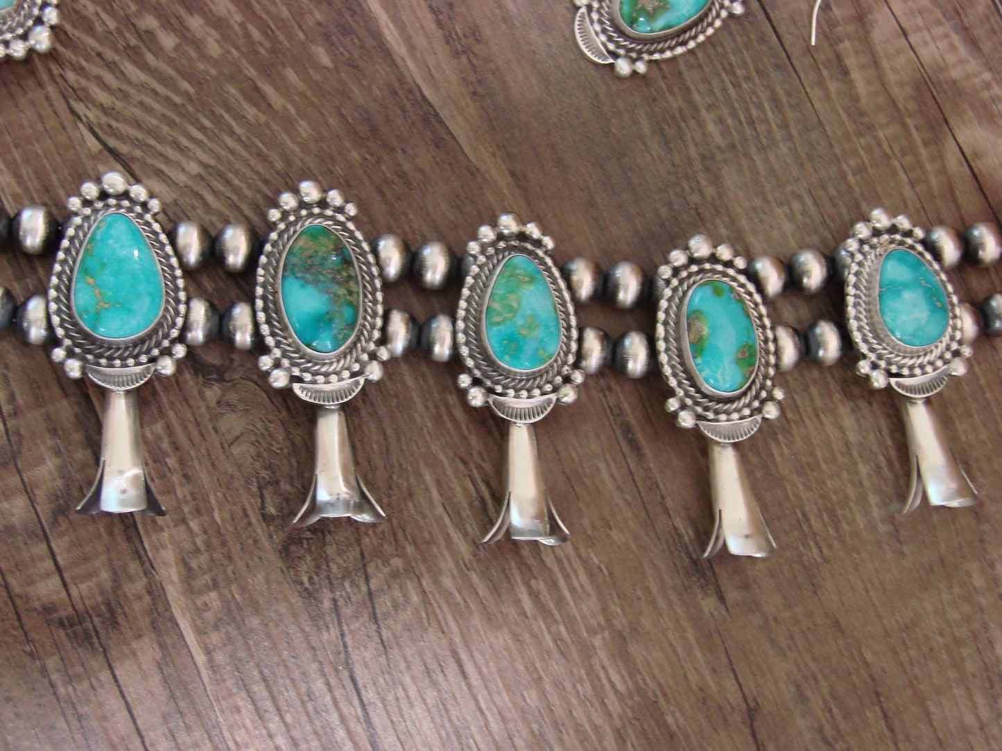 Native American Sterling Silver & Turquoise Squash Blossom Set By Tom Lewis
