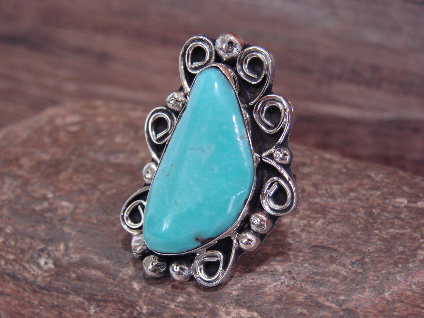 Native American Nickel Silver & Turquoise Ring by Cleveland - Size 10.5