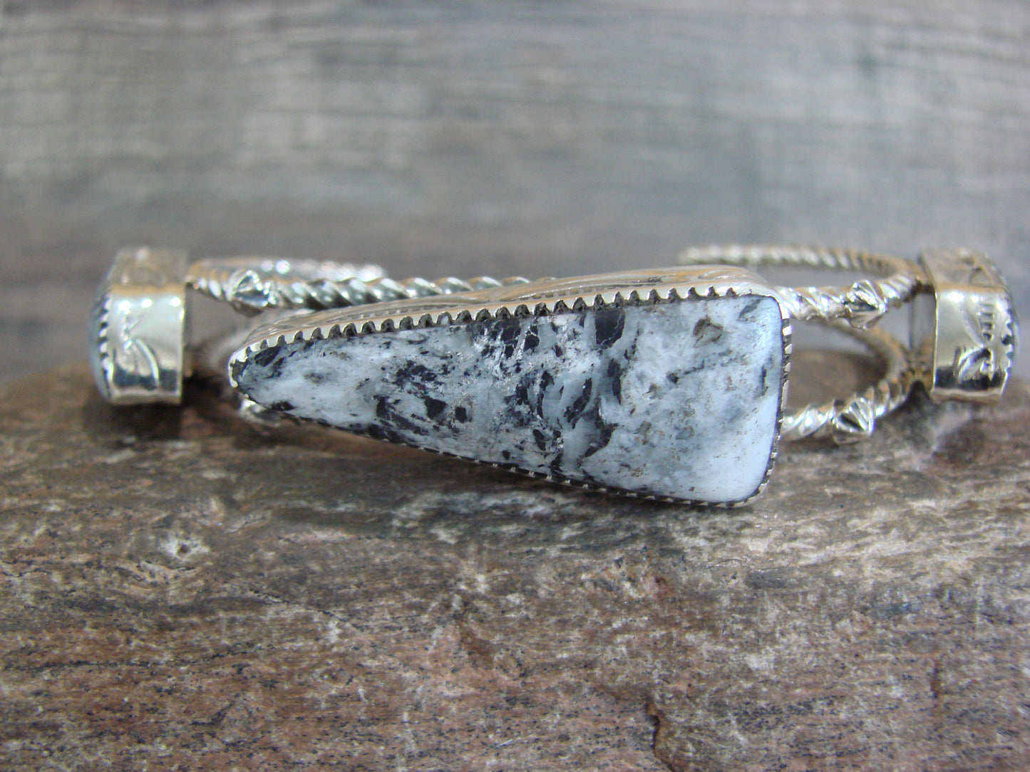 Native American Sterling Silver White Buffalo Turquoise Row Bracelet by Garcia