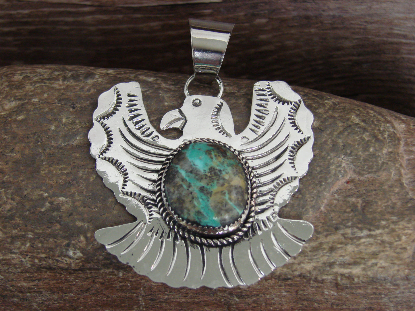Native American Nickel Silver & Turquoise Eagle Pendant - Cleveland