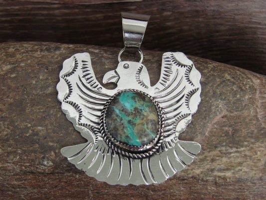 Native American Nickel Silver & Turquoise Eagle Pendant - Cleveland