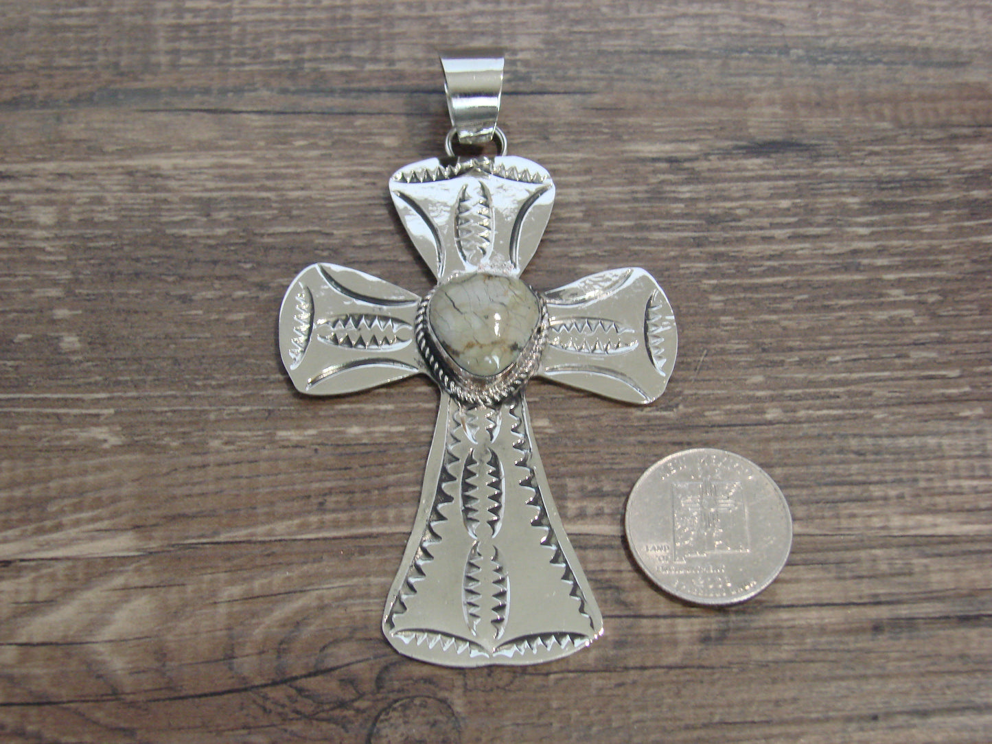 Large Native American Nickel Silver & Turquoise Cross Pendant - Cleveland