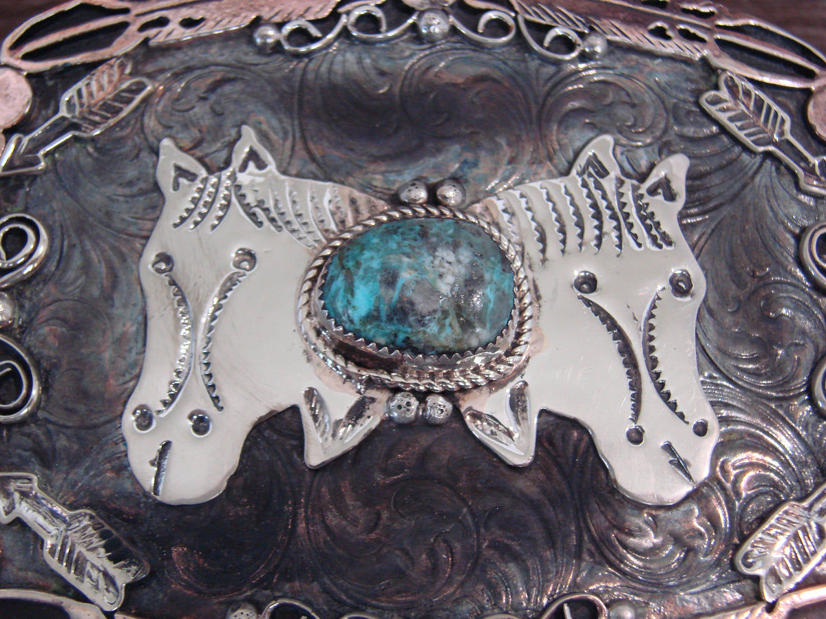 Native American Nickel Silver & Turquoise Horse Belt Buckle - Cleveland