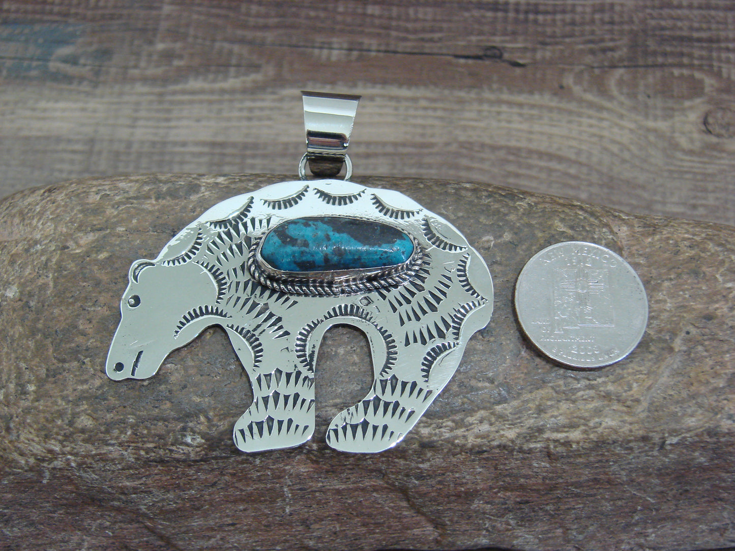 Native American Nickel Silver & Turquoise Bear Pendant - Cleveland