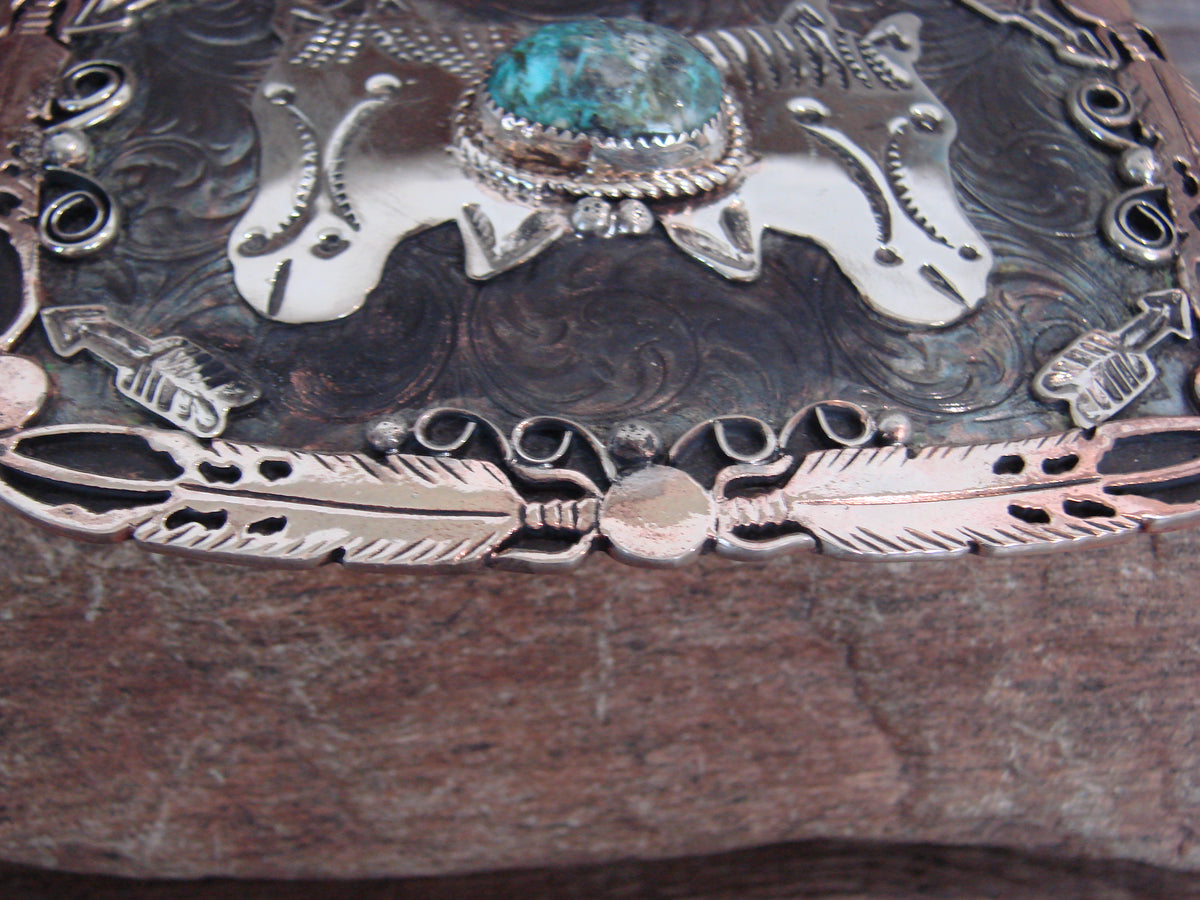 Native American Nickel Silver & Turquoise Horse Belt Buckle - Cleveland