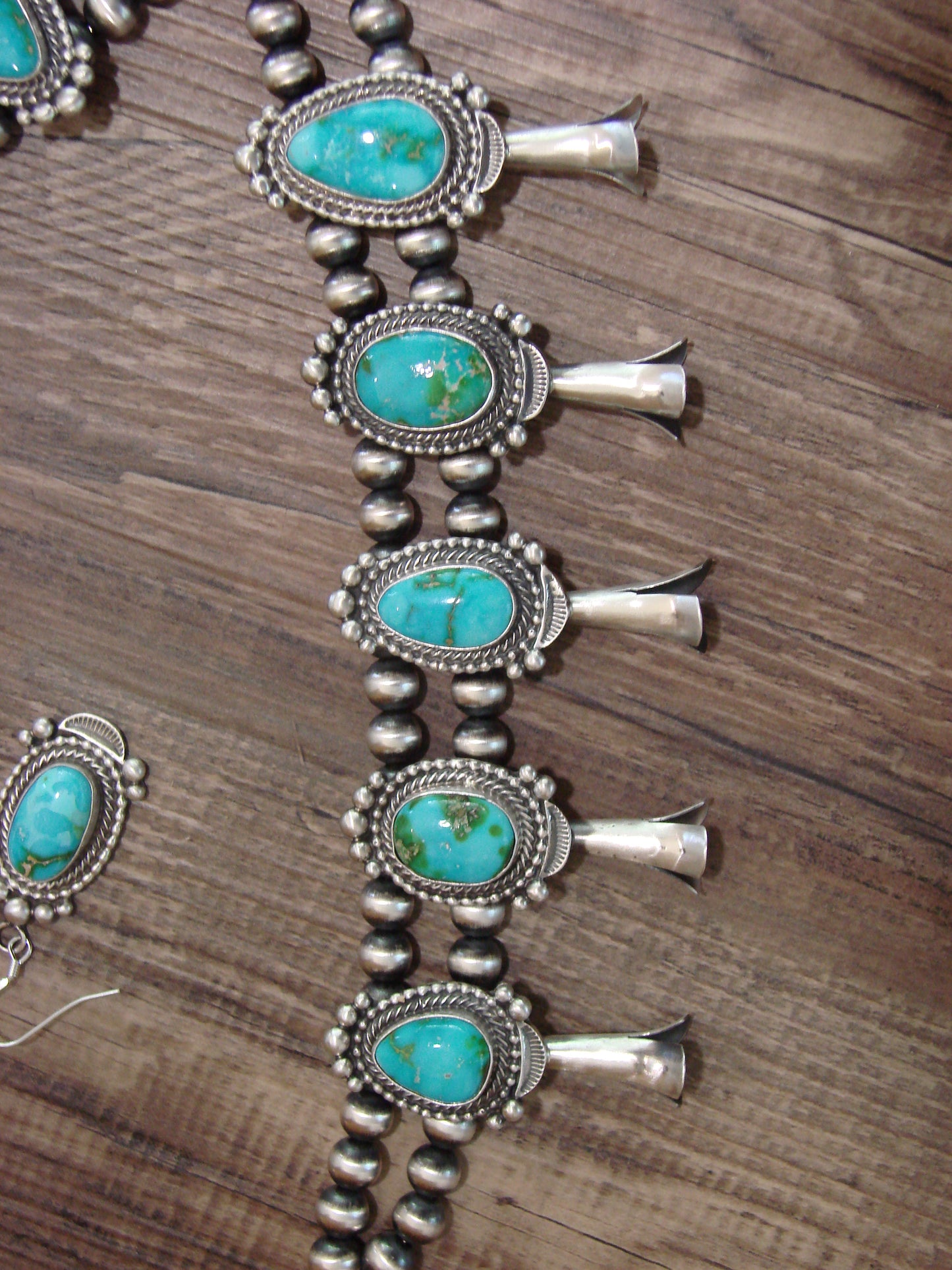 Native American Sterling Silver & Turquoise Squash Blossom Set By Tom Lewis