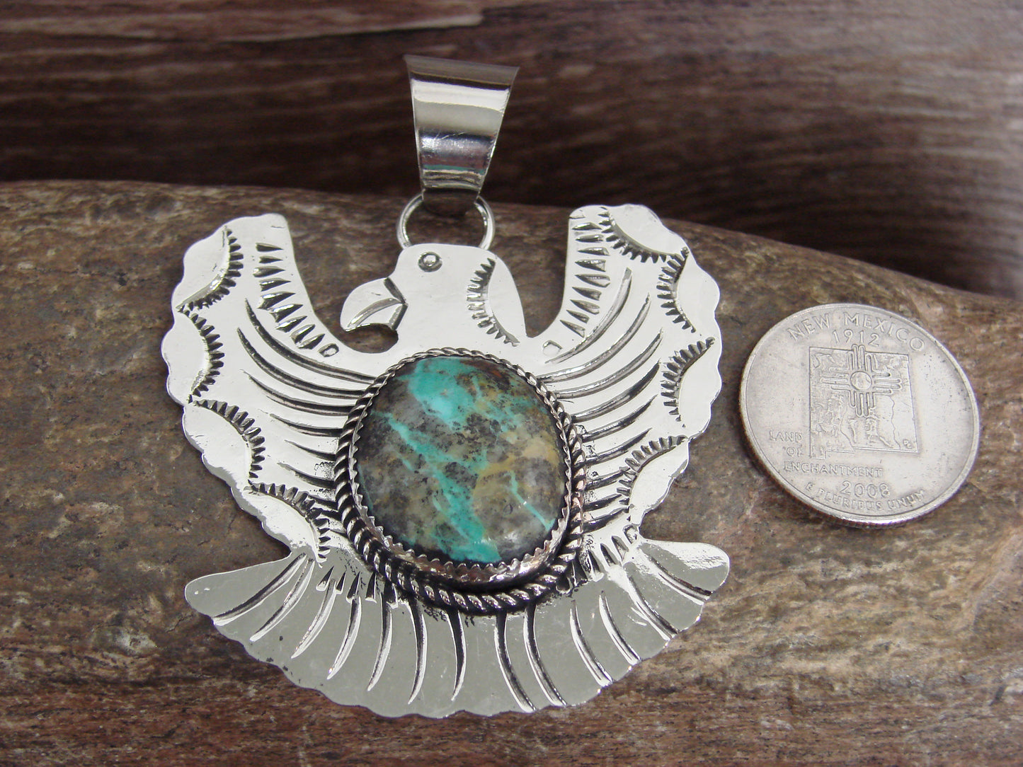 Native American Nickel Silver & Turquoise Eagle Pendant - Cleveland