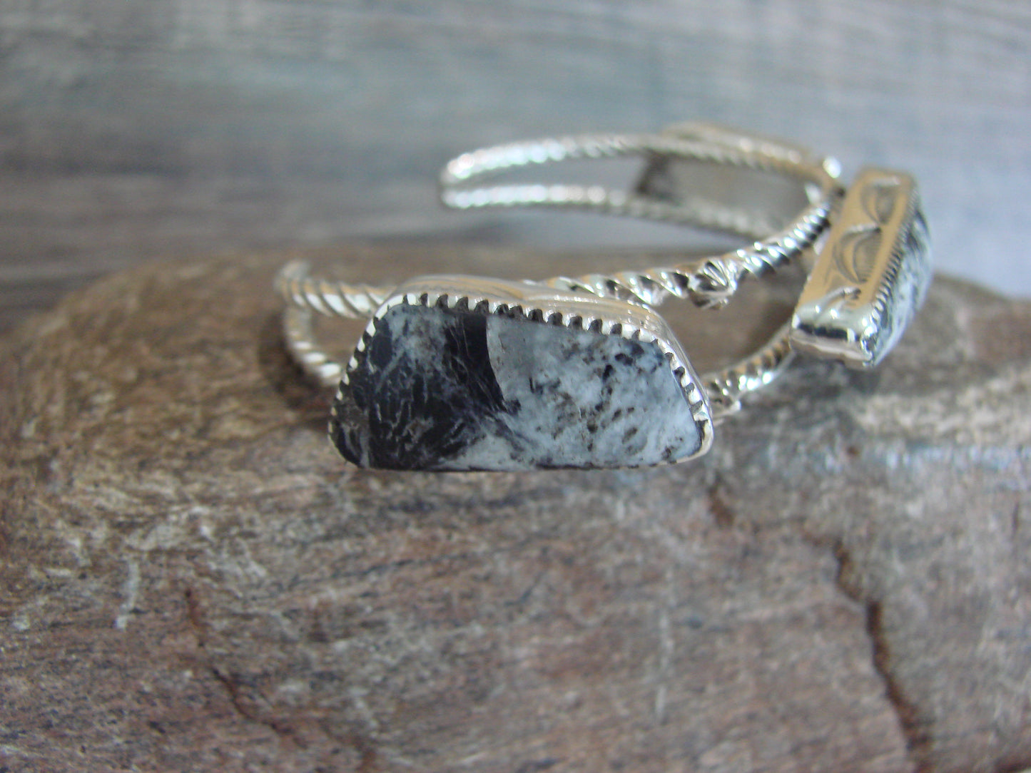 Native American Sterling Silver White Buffalo Turquoise Row Bracelet by Garcia