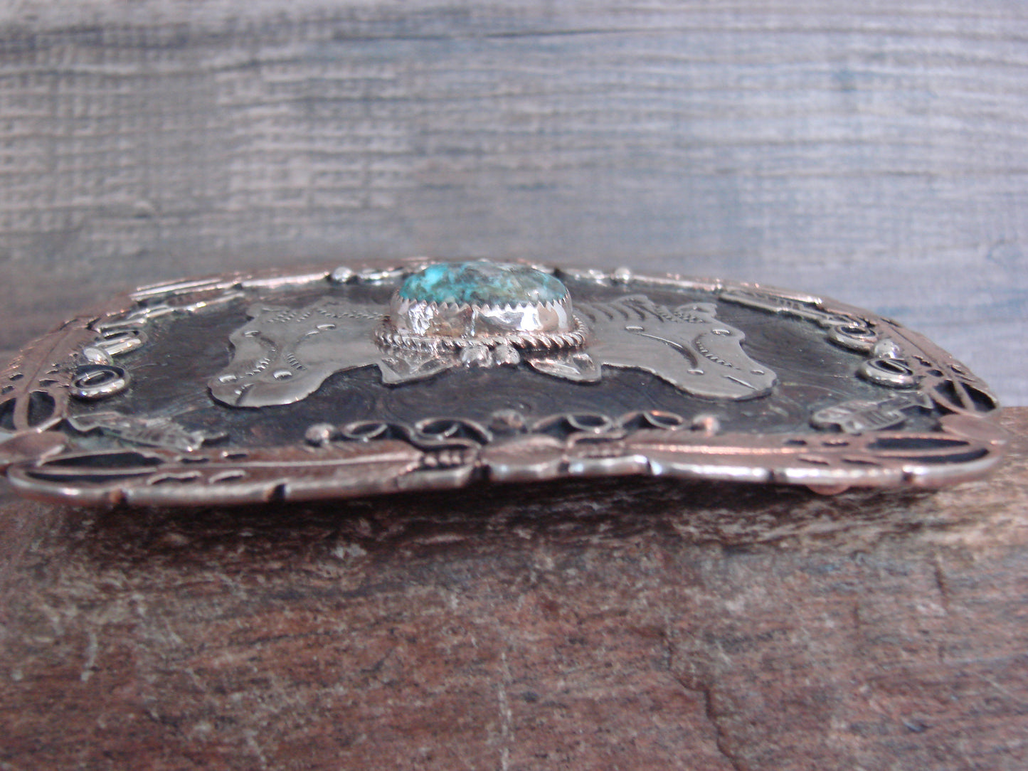 Native American Nickel Silver & Turquoise Horse Belt Buckle - Cleveland